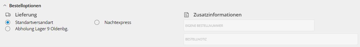 Ansicht der Bestelloptionen