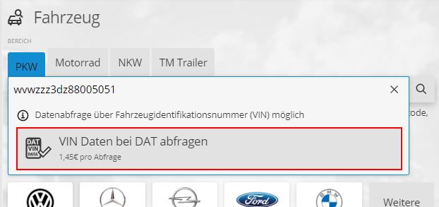 Ansicht einer erfolgreichen Fahrzeugsuche