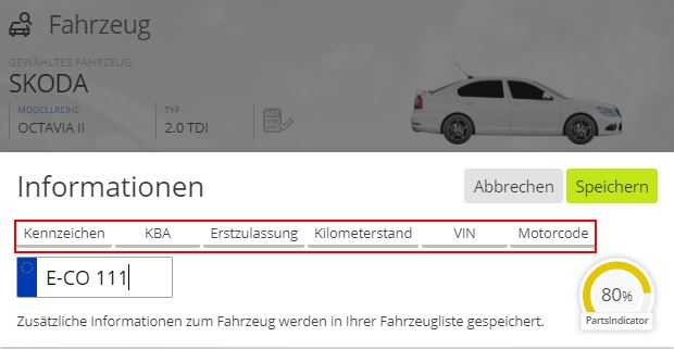 Ansicht eines Fahrzeugsdatenblatts